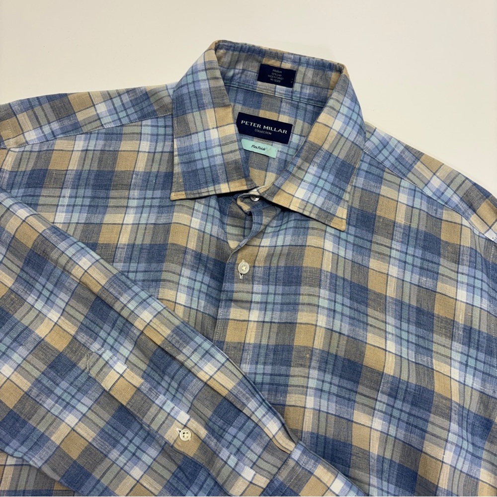 Peter Millar Casual Blue and Tan Plaid Shirt